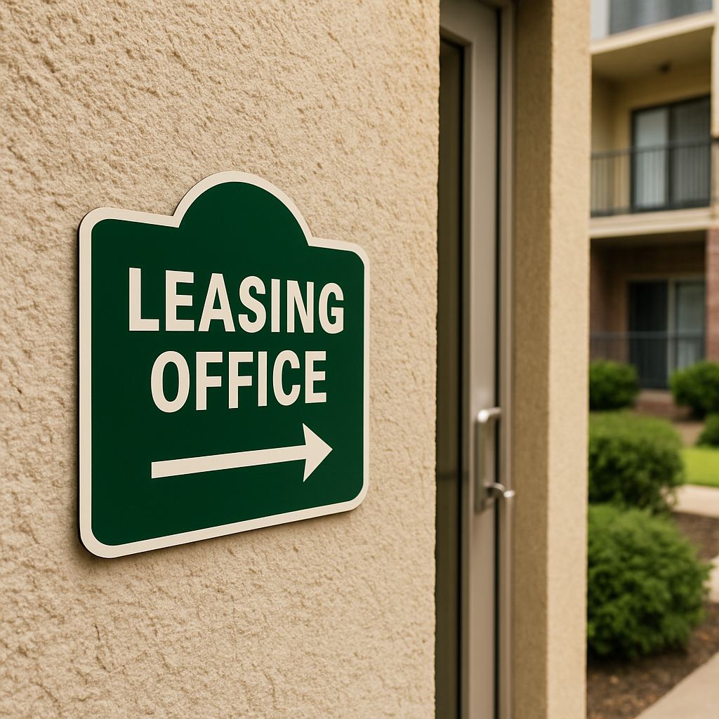 Leasing Office Right Arrow or Left Arrow –6"x6", 11"x11", Easy Install, All-Surface Mount, For Apartment Complex, Businesses, Reception Area