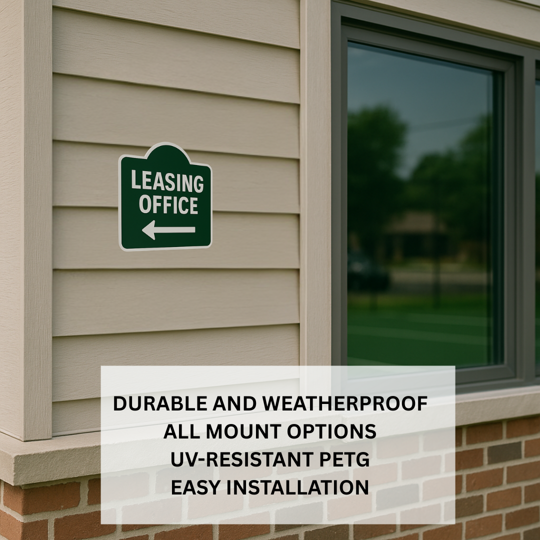 Leasing Office Right Arrow or Left Arrow –6"x6", 11"x11", Easy Install, All-Surface Mount, For Apartment Complex, Businesses, Reception Area