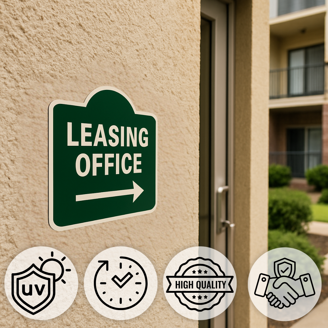 Leasing Office Right Arrow or Left Arrow –6"x6", 11"x11", Easy Install, All-Surface Mount, For Apartment Complex, Businesses, Reception Area