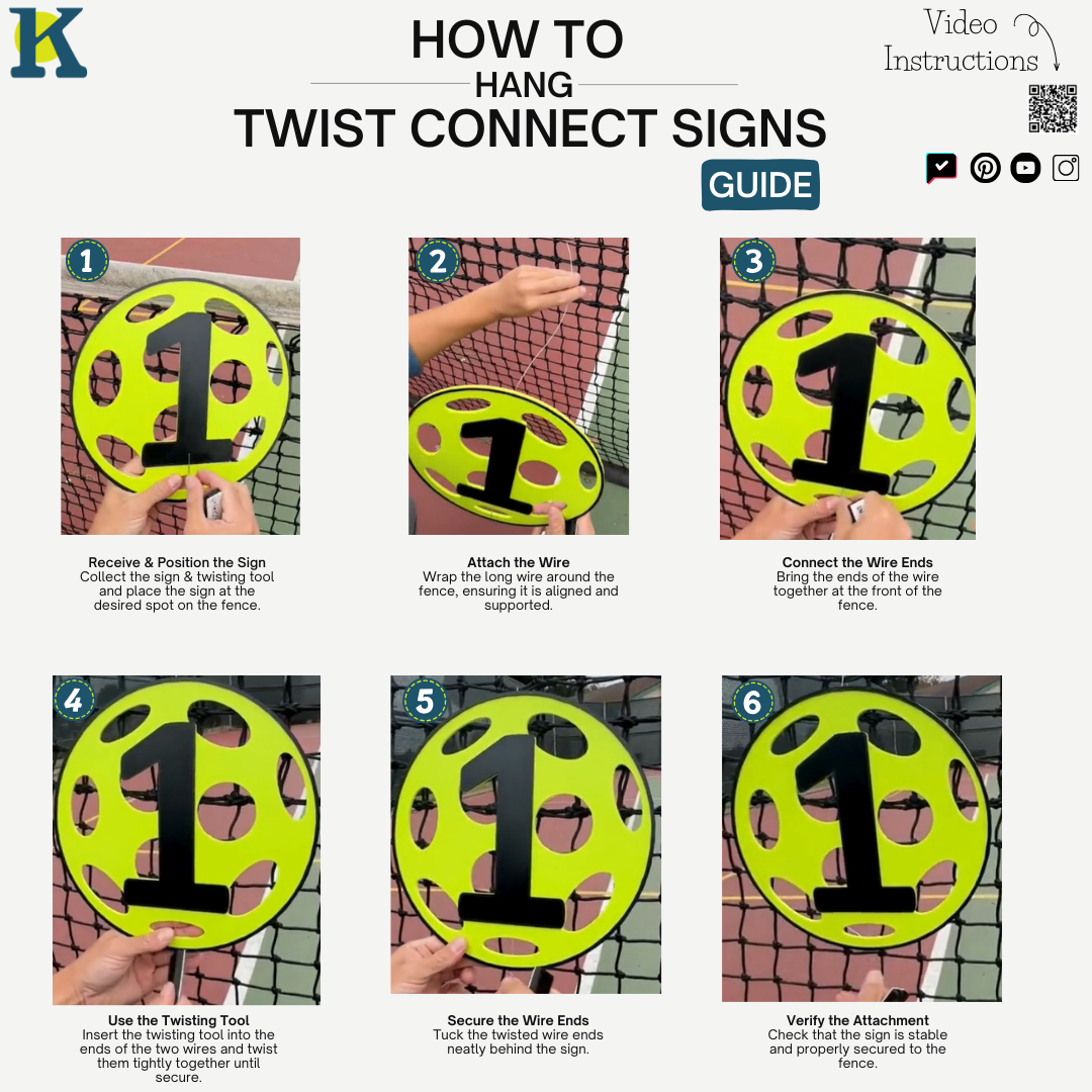Pickleball Court Number Markers, Twist Connect Sign, Durable, Weather Resistant, Fence, Gates, Nets, Color Options, 3D PETG, 6'' & 11''
