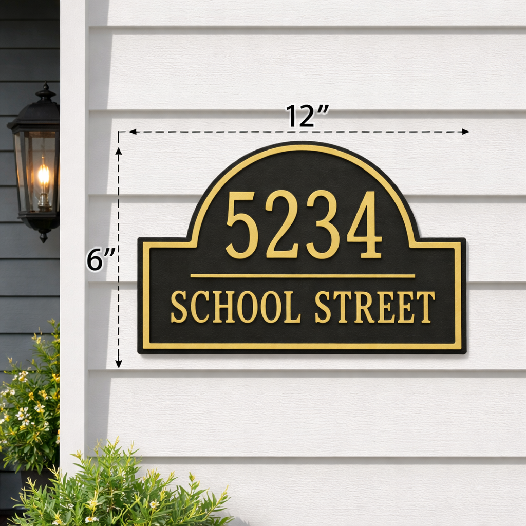 Custom Address Sign – Arched House Numbers, 12"x6", Easy Install, All-Surface Mount, Indoor/Outdoor, Made in USA