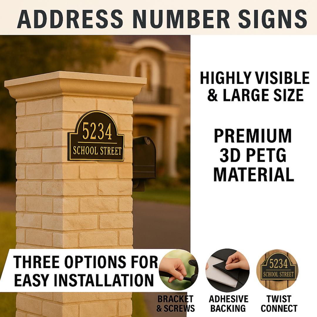 Custom Address Sign – Arched House Numbers, 12"x6", Easy Install, All-Surface Mount, Indoor/Outdoor, Made in USA