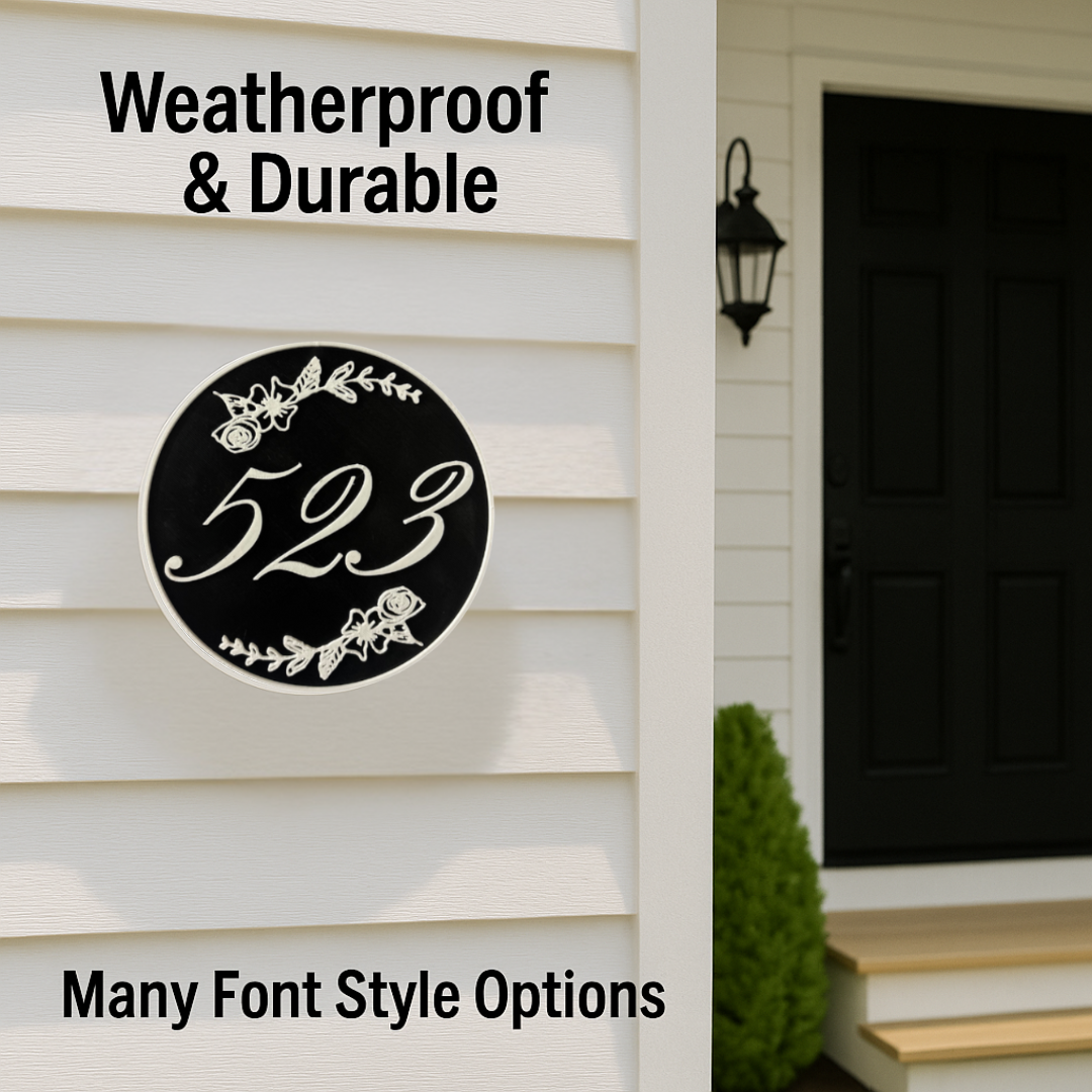 Custom Address Sign – 6"x6" or 8"x8", Round Floral House Numbers, Easy Install, All-Surface Mount, All-Weather, Non-Rusting PETG, For Home