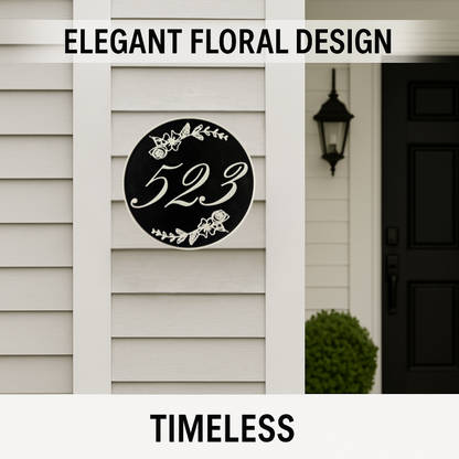 Custom Address Sign – 6"x6" or 8"x8", Round Floral House Numbers, Easy Install, All-Surface Mount, All-Weather, Non-Rusting PETG, For Home