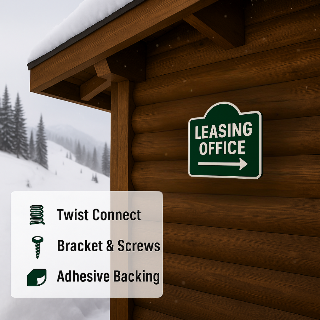 Leasing Office Right Arrow or Left Arrow –6"x6", 11"x11", Easy Install, All-Surface Mount, For Apartment Complex, Businesses, Reception Area